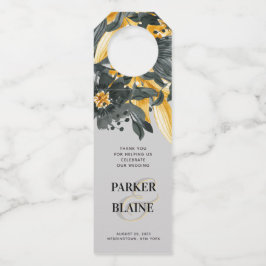 Grijze en gele Waterverf Floral Modern Wedding Flessenhanger