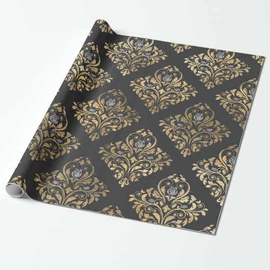 Grijze en gouden  Damask Cadeaupapier (Uitgerold)