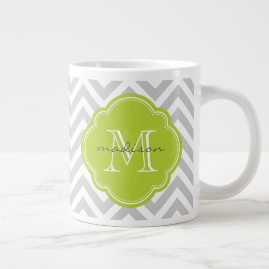 Grijze en groene Chevron Custom Monogram Grote Koffiekop (Rechts)