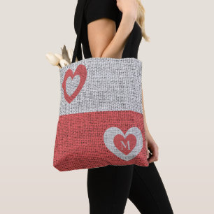 Grijze en koraalrode harten tote bag
