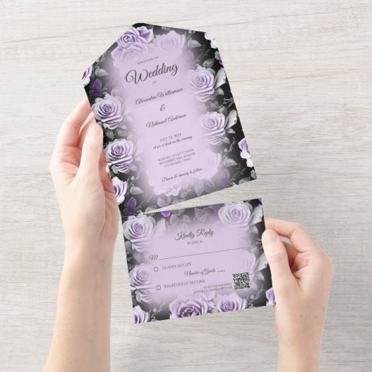 Grijze en Lavendel Rozen met QR Code All In One Uitnodiging (Afscheurbaar)