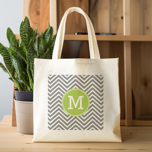 Grijze en Limoen Chevrons met aangepast monogram Tote Bag