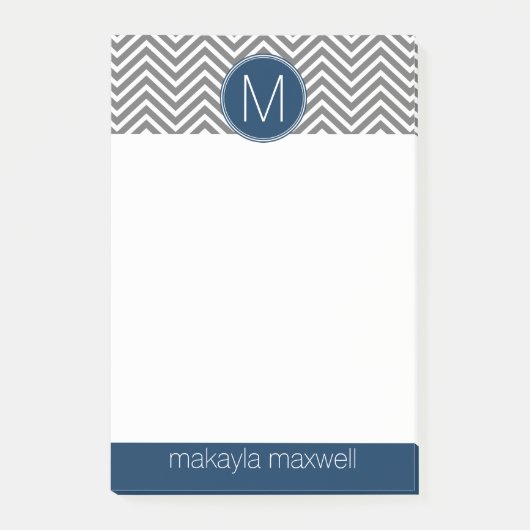 Grijze en marineblauwe Chevrons met enkel monogram Post-it® Notes (Voorkant)