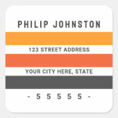 Grijze en oranje retro strepen geven het adreslabe vierkante sticker (Voorkant)