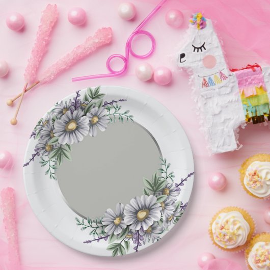 Grijze en paarse waterverf bloemen papieren bordje (Feest)