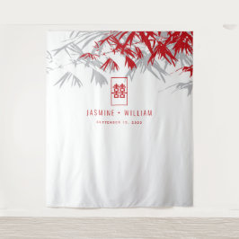 Grijze en rode bamboe laat de Chinese bruiloft ach Wandkleed