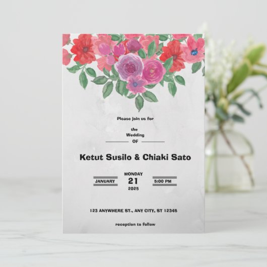 Grijze en rode bloem bruiloft aankondiging (Staand voorkant)