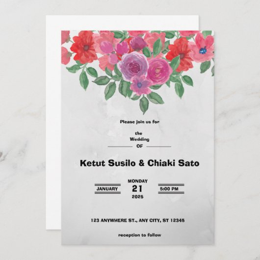 Grijze en rode bloem bruiloft aankondiging (Voorkant / Achterkant)