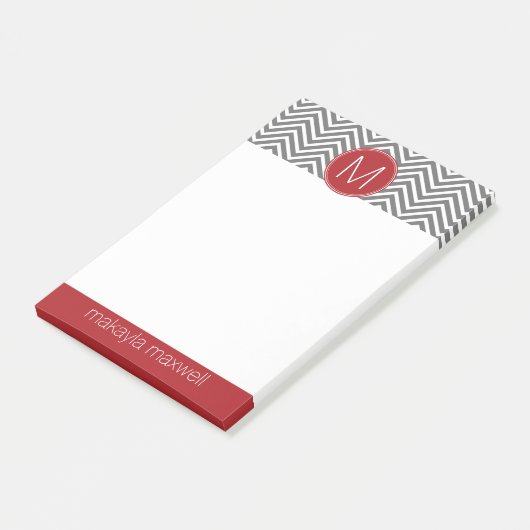 Grijze en rode Chevrons met aangepast monogram Post-it® Notes (Schuin)