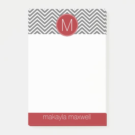 Grijze en rode Chevrons met aangepast monogram Post-it® Notes (Voorkant)