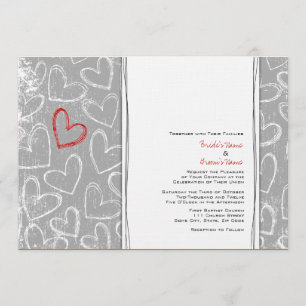 Grijze en Rode Grunge Hearts Wedding Invitaties Kaart