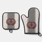 Grijze en rode koningsbijen gestreept ovenwant & pannenlap set (Voorkant)