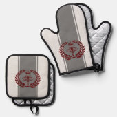 Grijze en rode koningsbijen gestreept ovenwant & pannenlap set (Voorkant / Achterkant)