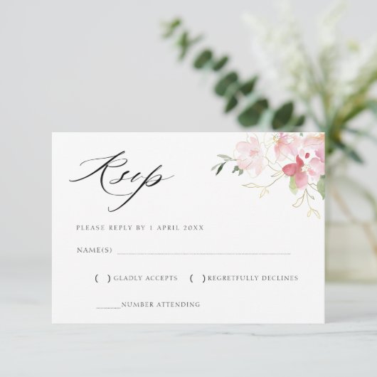 grijze en roze bloemen RSVP kaart (Staand voorkant)