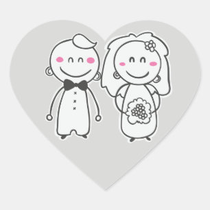 Grijze en roze Cartoon Bride & Groom Hart Sticker