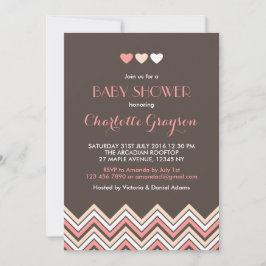 Grijze en roze chevron babyshower uitnodiging