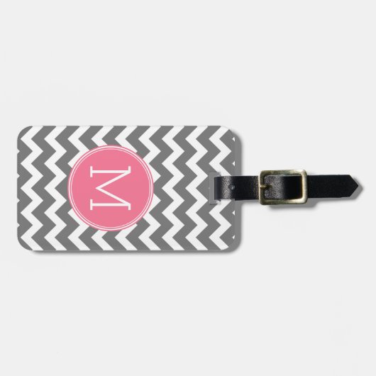 Grijze en roze Chevrons met aangepast monogram Bagagelabel (Voorkant horizontaal)