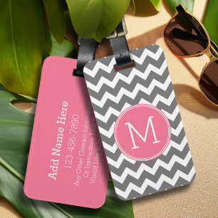 Grijze en roze Chevrons met aangepast monogram Bagagelabel