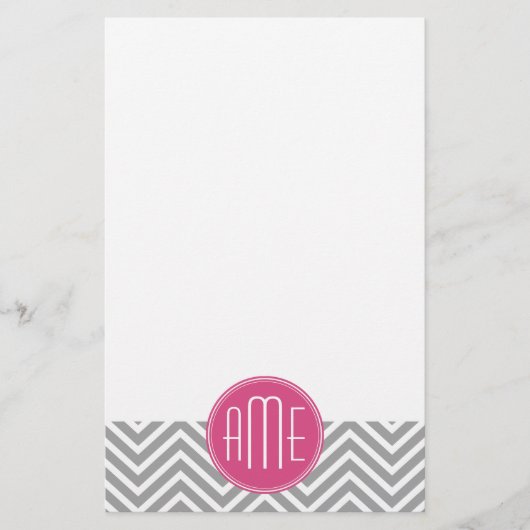 Grijze en roze Chevrons met aangepast monogram Briefpapier (Voorkant)
