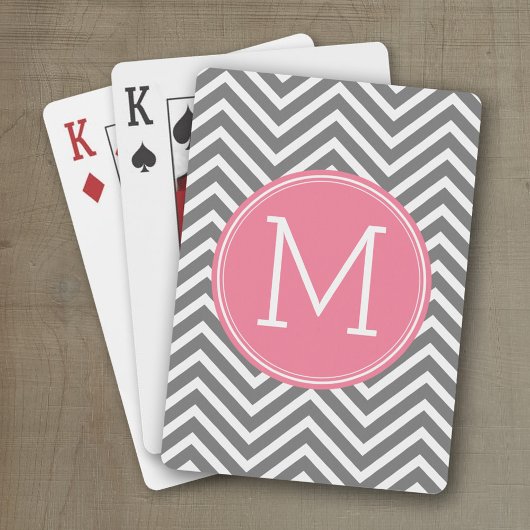 Grijze en roze Chevrons met aangepast monogram Pokerkaarten