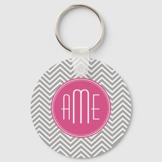 Grijze en roze Chevrons met aangepast monogram Sleutelhanger (Voorkant)