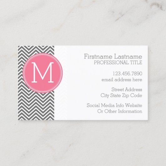Grijze en roze Chevrons met aangepast monogram Visitekaartje (Achterkant)