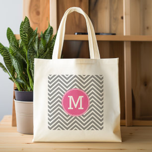 Grijze en roze Chevrons met aangepaste driestuksvo Grote Tote Bag