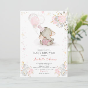 Grijze en Roze Olifant Baby Shower Kaart