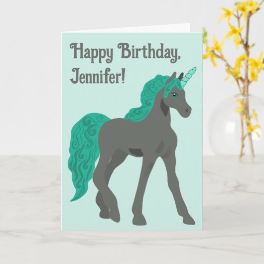 Grijze en Teal Eenhoorn Persoonlijke Verjaardag Kaart (Gele Bloem)