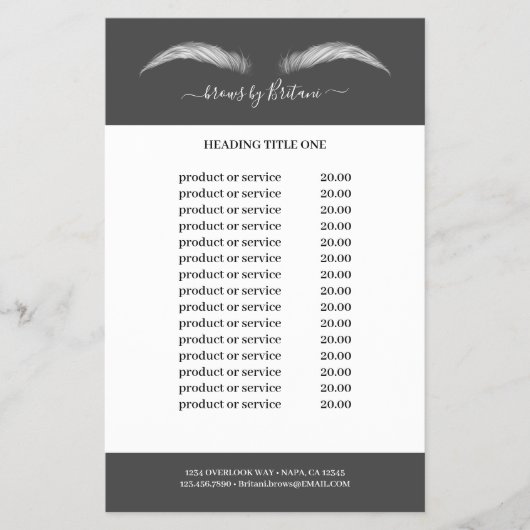 Grijze en witte as & Brows Pricing & Services Flyer (Voorkant)