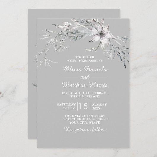 Grijze en witte bloemen. Bloemige rustieke trouw  Kaart (Voorkant / Achterkant)