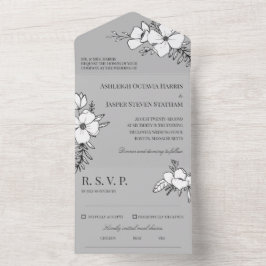 Grijze en witte  bloemen bruiloft all in one uitnodiging