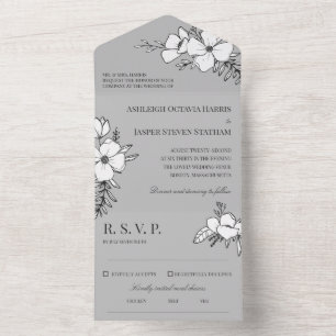 Grijze en witte bloemen bruiloft all in one uitnodiging