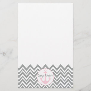 Grijze en witte Chevron met Pastel Roze Nautical Briefpapier