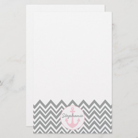 Grijze en witte Chevron met Pastel Roze Nautical Briefpapier (Voorkant / Achterkant)