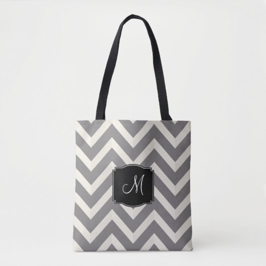 Grijze en witte Chevron Stripes met monogram Tote Bag (Voorkant)