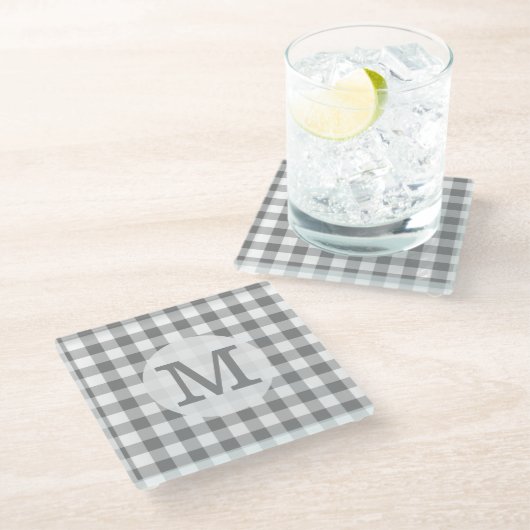 Grijze en witte gingham Check Monogrammen Glazen Onderzetter (Schuin)