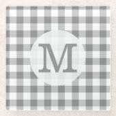 Grijze en witte gingham Check Monogrammen Glazen Onderzetter (Voorkant)