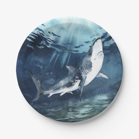 Grijze en witte haai in de Waterverf Blauwe Oceaan Papieren Bordje (Voorkant)