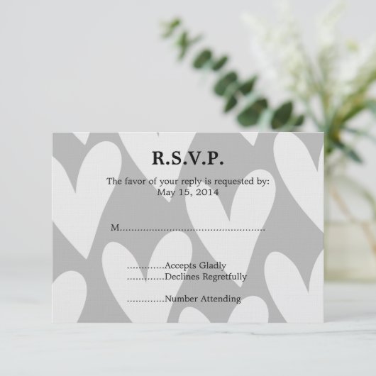 Grijze en witte harten bruiloft RSVP (Staand voorkant)