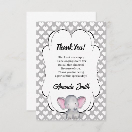 Grijze en witte harten Elephant Baby shower Dank j Bedankkaart (Voorkant / Achterkant)