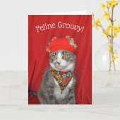 Grijze en witte kat Hippie Valentijns of verjaarda Kaart (Gele Bloem)