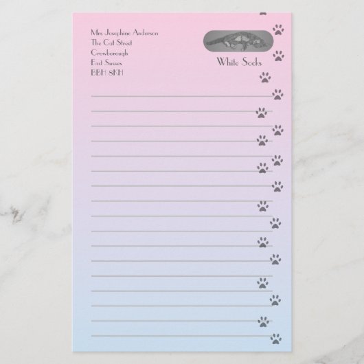 Grijze en witte kat met kattenvoetafdrukken briefpapier (Voorkant)