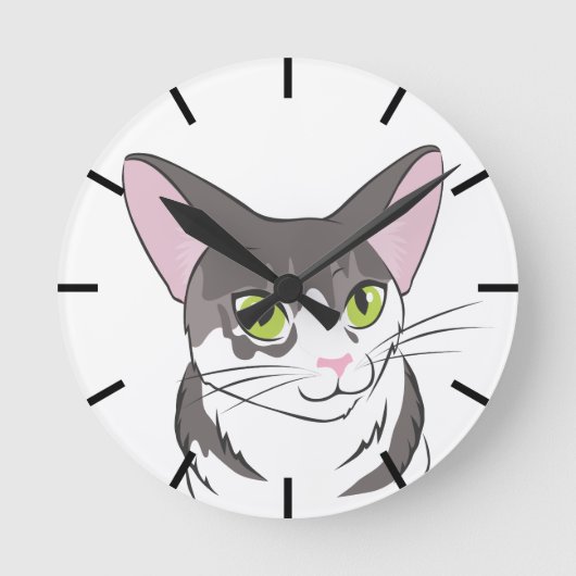 Grijze en witte kat ronde klok (Voorkant)