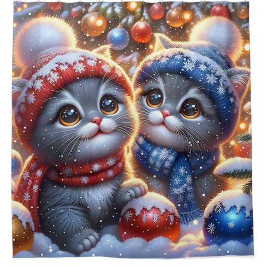 Grijze en witte Kittens eerste kerstdag Douchegordijn (Voorkant)
