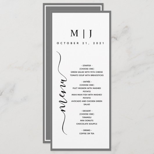 Grijze en witte minimalistische bruiloft menu (Voorkant / Achterkant)