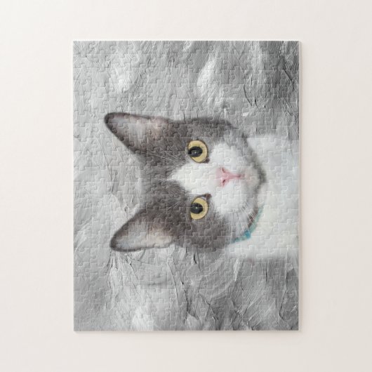 Grijze en witte tuxedo kat legpuzzel (Verticaal)