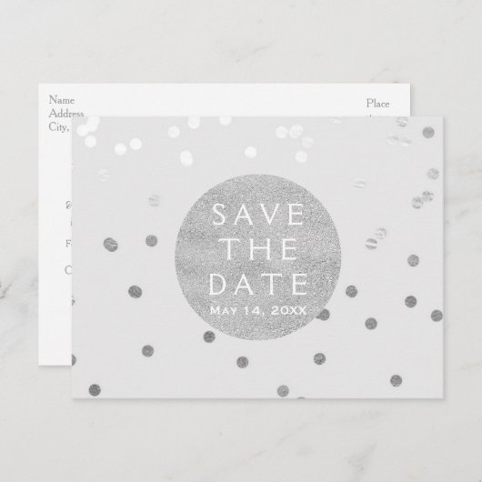 Grijze en Zilverige Confetti Stippen sparen de Dat Aankondigingskaart (Voorkant / Achterkant)