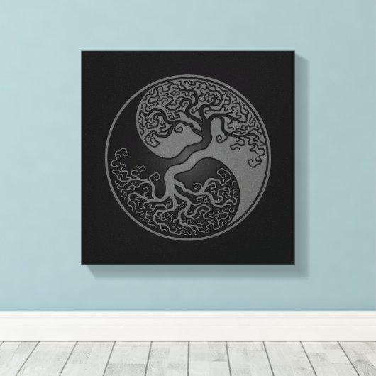Grijze en zwarte boom van Life Yin Yang Canvas Afdruk (Insitu (Houten vloer))