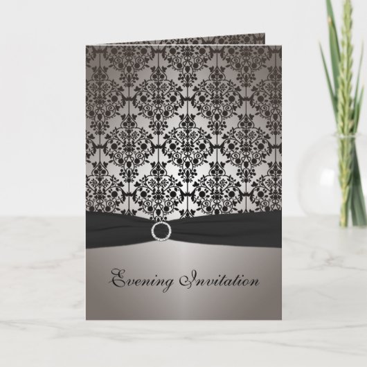 Grijze en zwarte Damask Kaart Style Evening Invite (Voorkant)